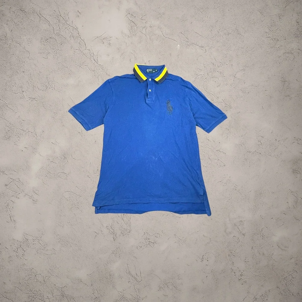 Polo Ralph Lauren Big Pony Polo Shirt Blue Yellow Tipped Collar Mens LT Y2K 90s